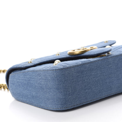 Gucci Denim Matelasse Pearl Studded Small GG Marmont Shoulder Bag Blue 6 of 10