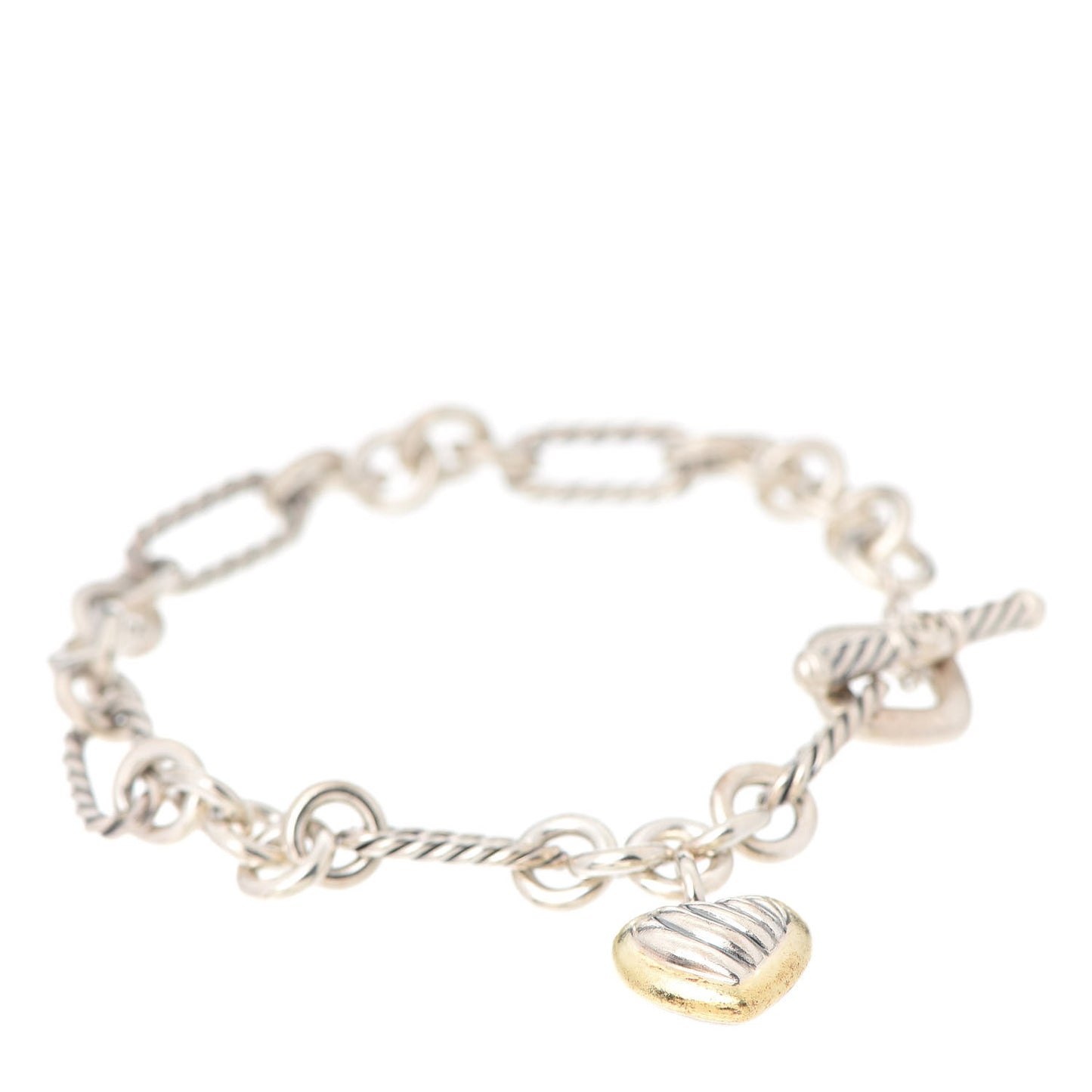 Sterling Silver 18K Yellow Gold Cable Heart Charm Bracelet