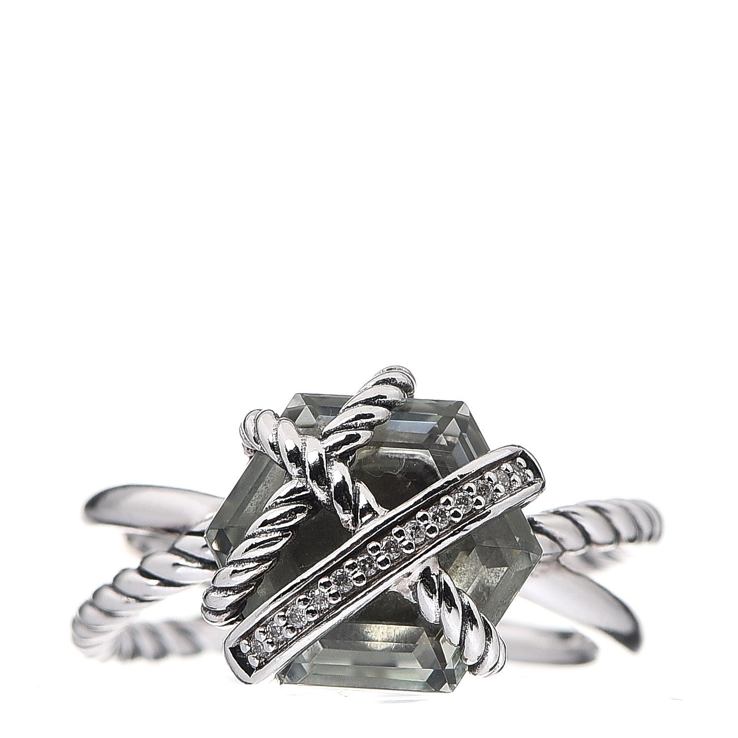David Yurman Sterling Silver Diamond Prasiolite 10mm Cable Wrap Ring 50 5.5 1 of 4