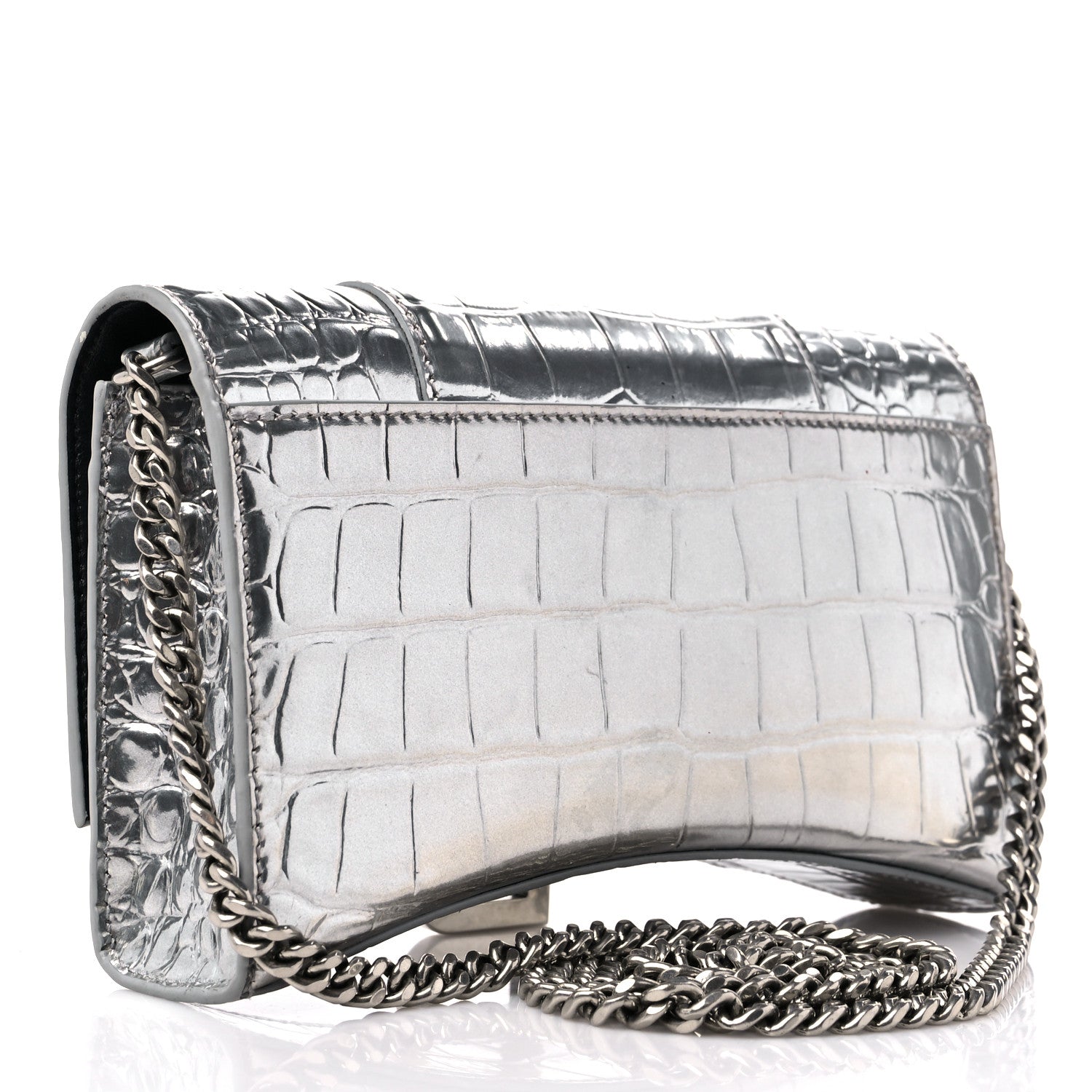 Balenciaga Metallic Calfskin Crocodile Embossed Hourglass Chain Bag Silver 3 of 12