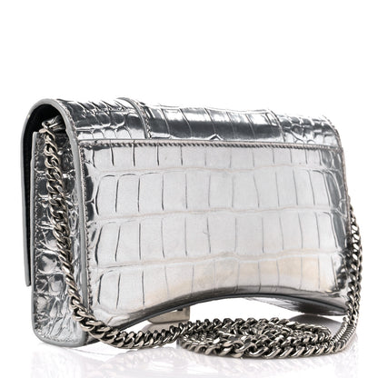 Balenciaga Metallic Calfskin Crocodile Embossed Hourglass Chain Bag Silver 3 of 12