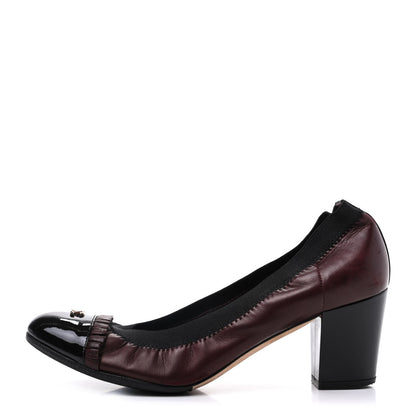 Chanel Lambskin Patent CC Elastic Cap Toe Ballerina Pumps 37.5 Burgundy Black 1 of 16