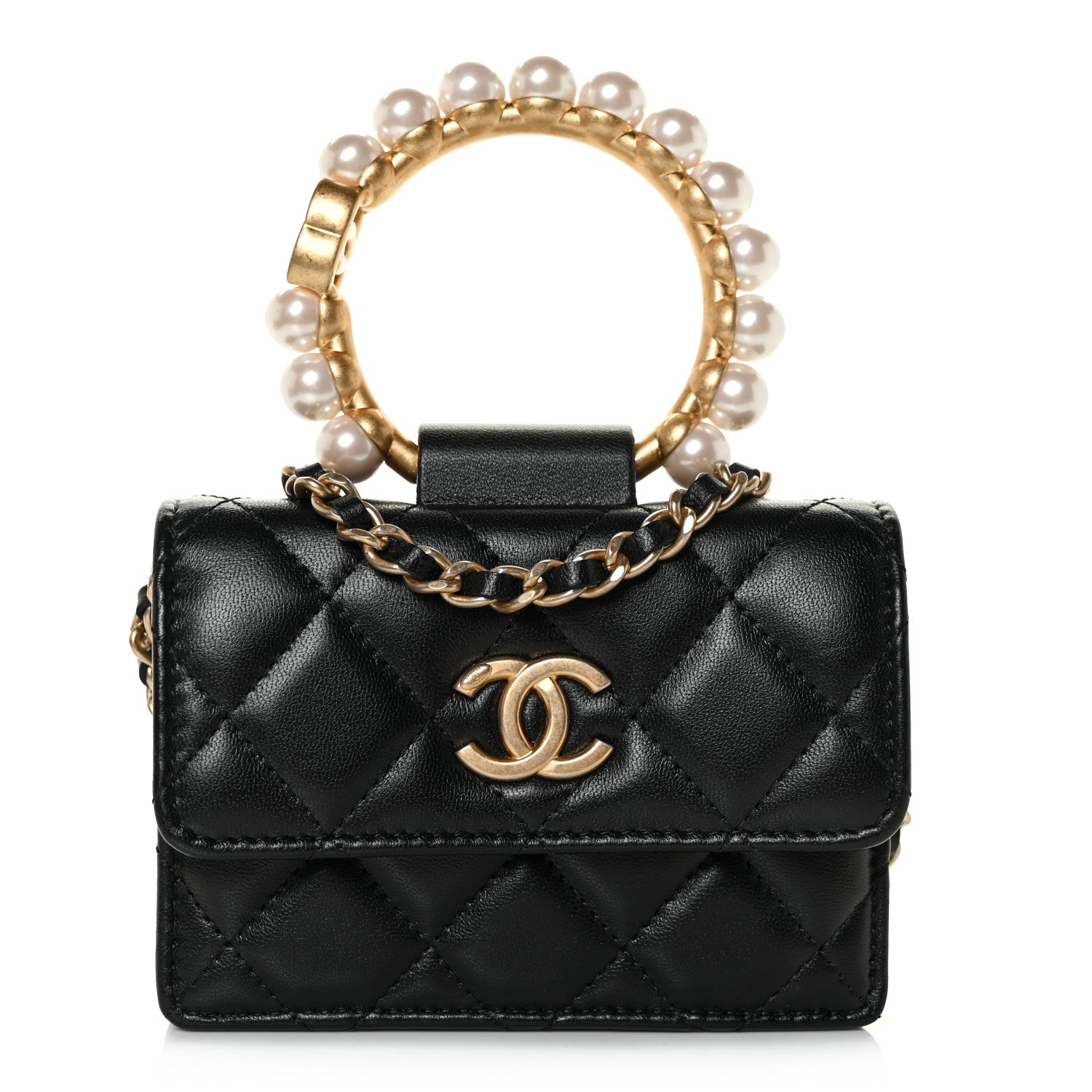Chanel Lambskin Quilted Pearl Crown Clutch With Chain Black 1 of 14