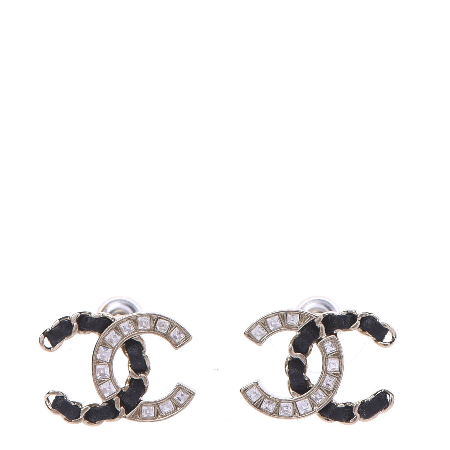 Chanel Crystal Baguette Lambskin Chain CC Vintage Allure Stud Earrings Black Gold 1 of 5