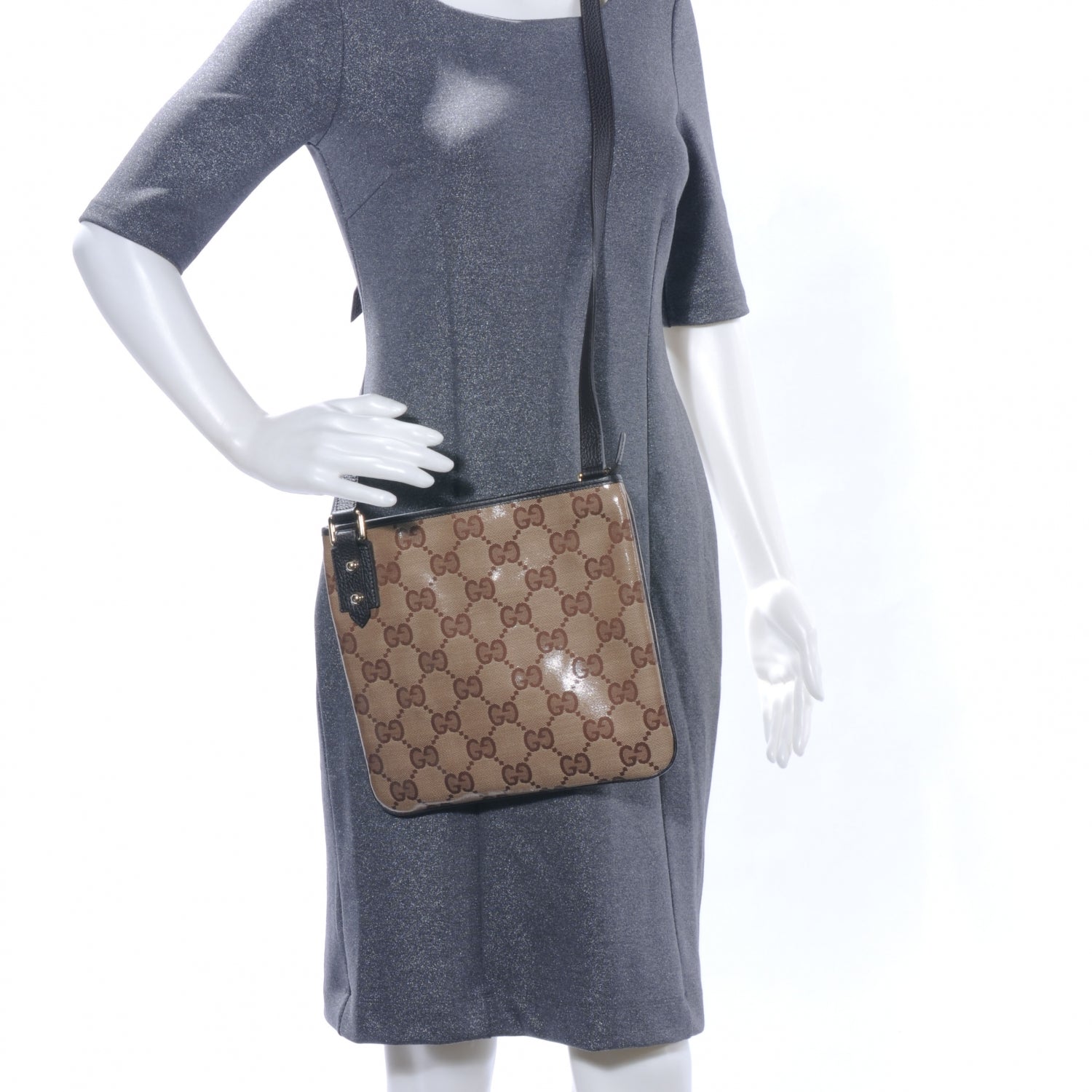 Gucci Crystal Monogram Flat Messenger Bag Beige Dark Brown 2 of 7