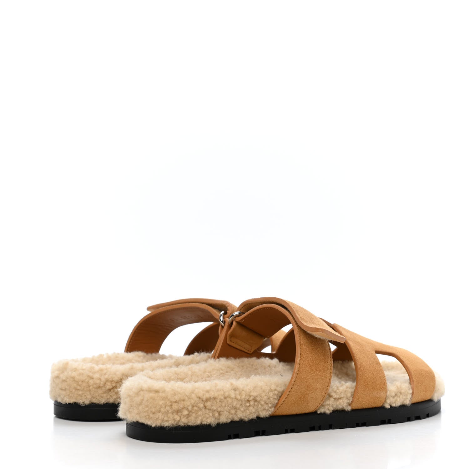 Hermes Suede Goatskin Woolskin Womens Chypre Sandals 38.5 Golden Beige 3 of 4