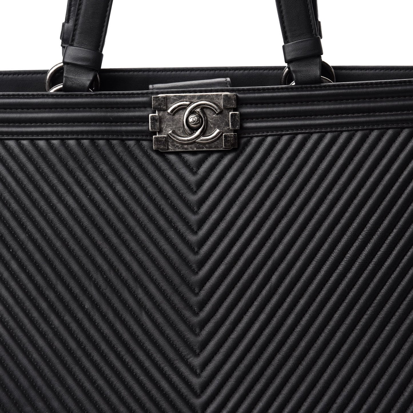 Calfskin Chevron Quilted Boy Shopping Tote Black