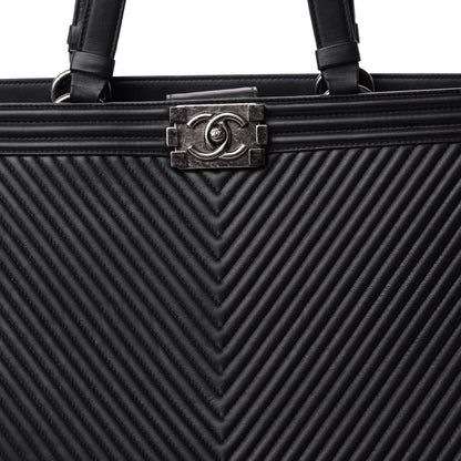 Chanel Calfskin Chevron Quilted Boy Shopping Tote Black 11 of 11