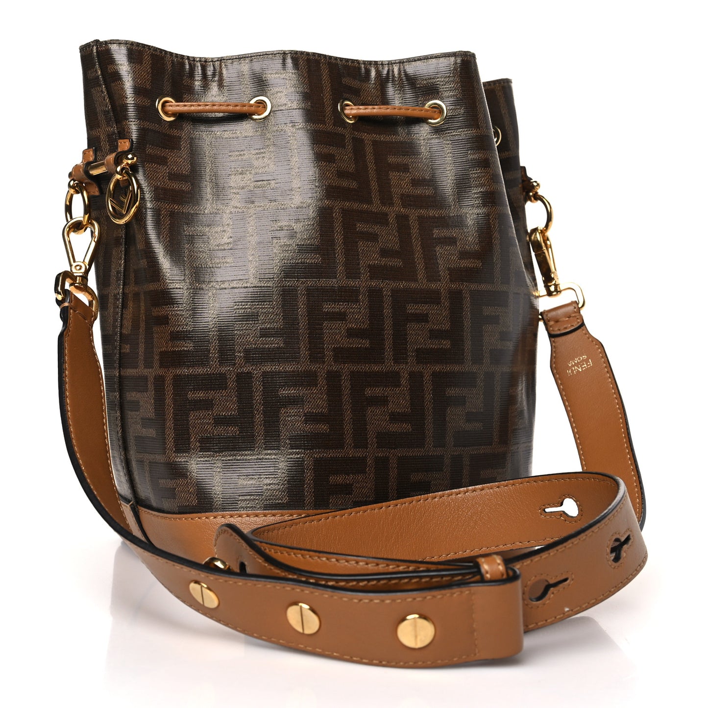Glazed Fabric Vitello Grace F is Fendi FF 1974 Stamp Patch Grande Mon Tresor Bucket Bag Mogano Panna Nocciola