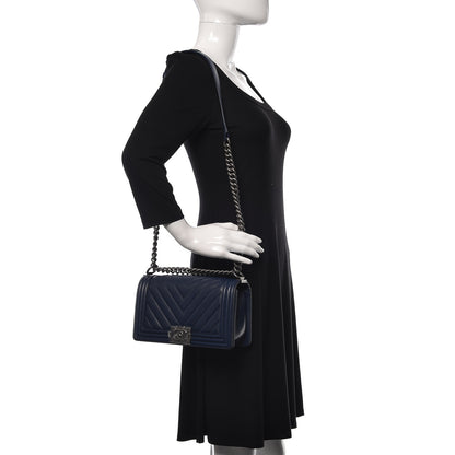 Chanel Caviar Chevron Quilted Medium Boy Flap Dark Blue 2 of 9