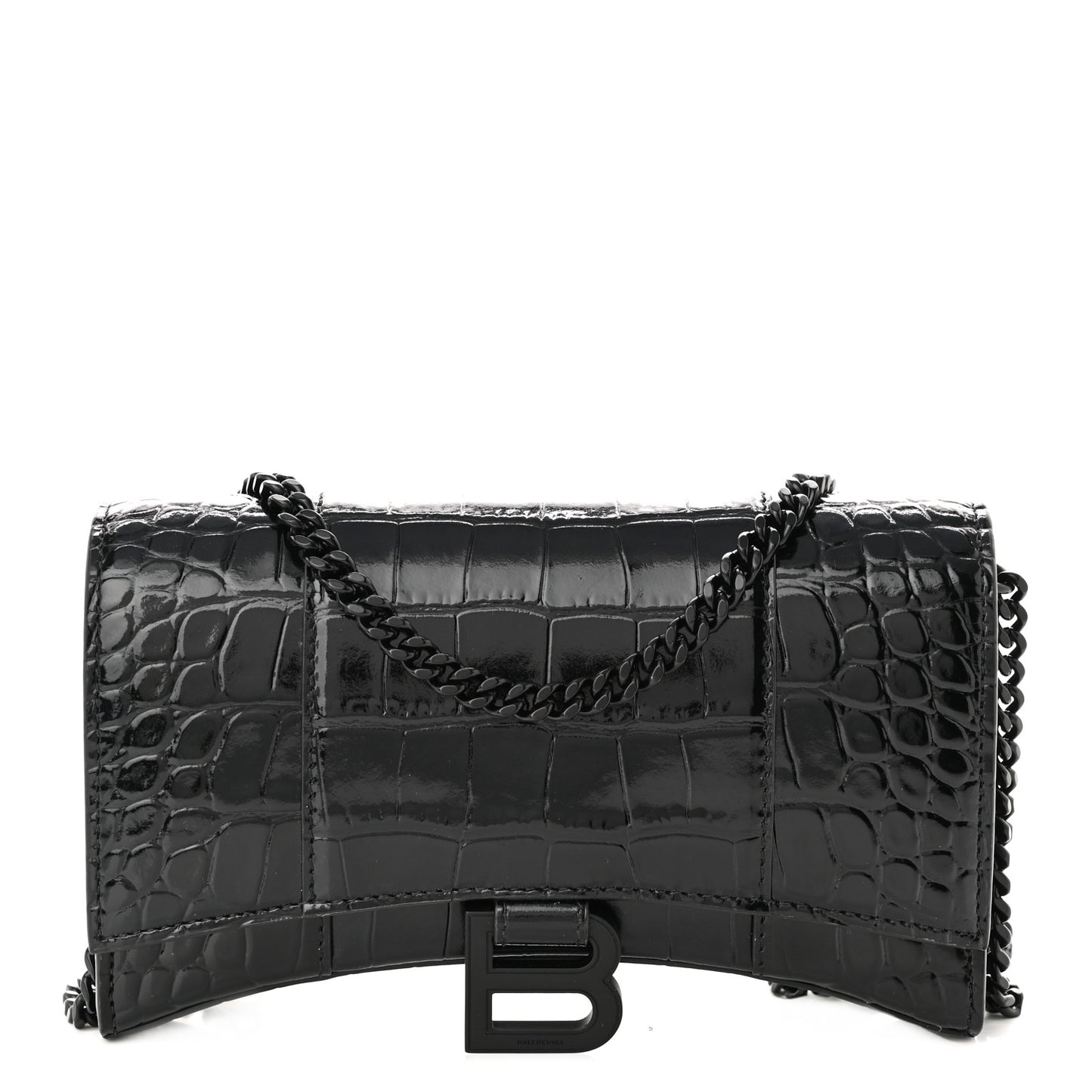 Shiny Calfskin Monochrome Crocodile Embossed Hourglass Chain Bag Black