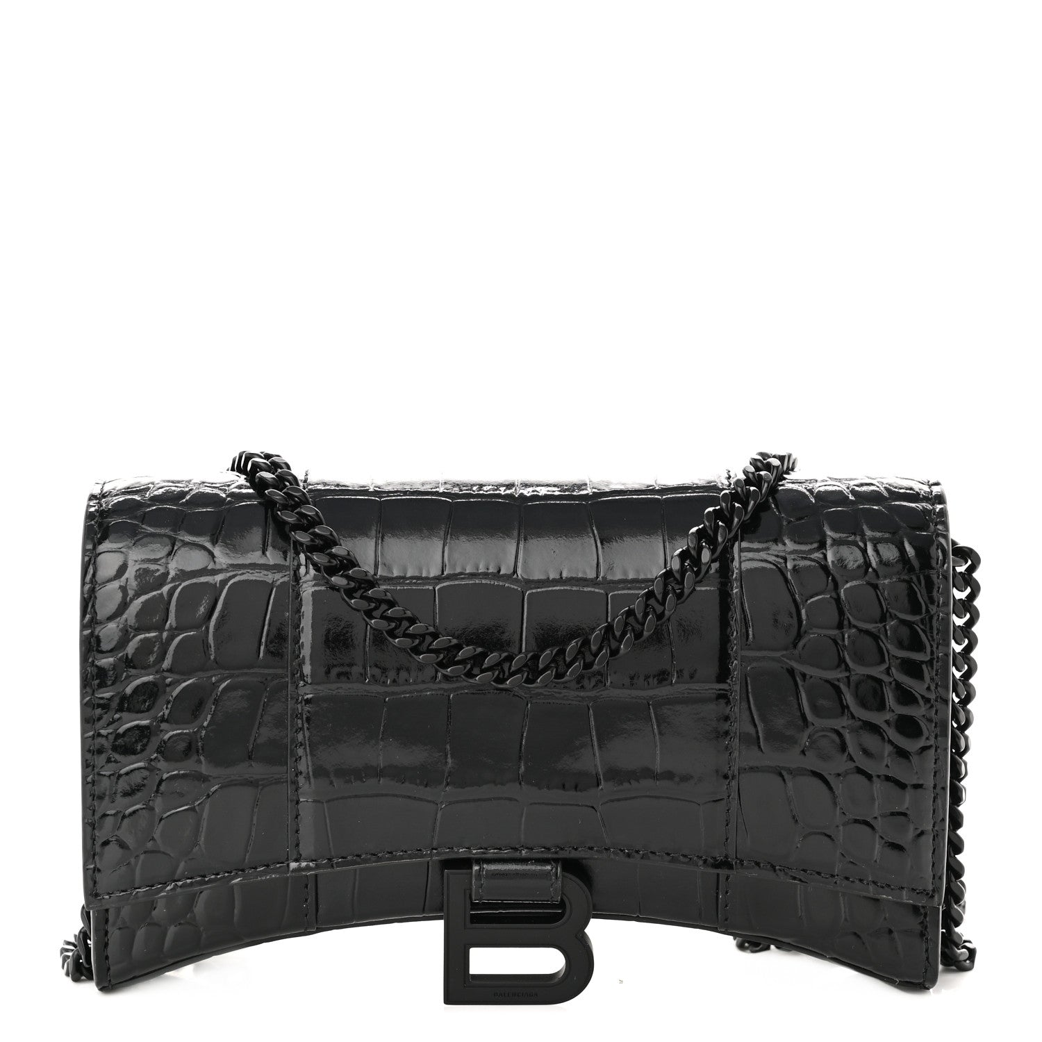 Balenciaga Shiny Calfskin Monochrome Crocodile Embossed Hourglass Chain Bag Black 1 of 9