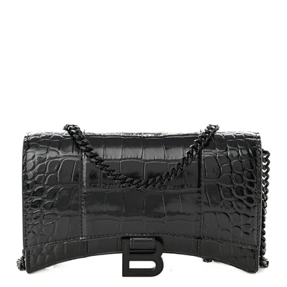 Balenciaga Shiny Calfskin Monochrome Crocodile Embossed Hourglass Chain Bag Black 1 of 9