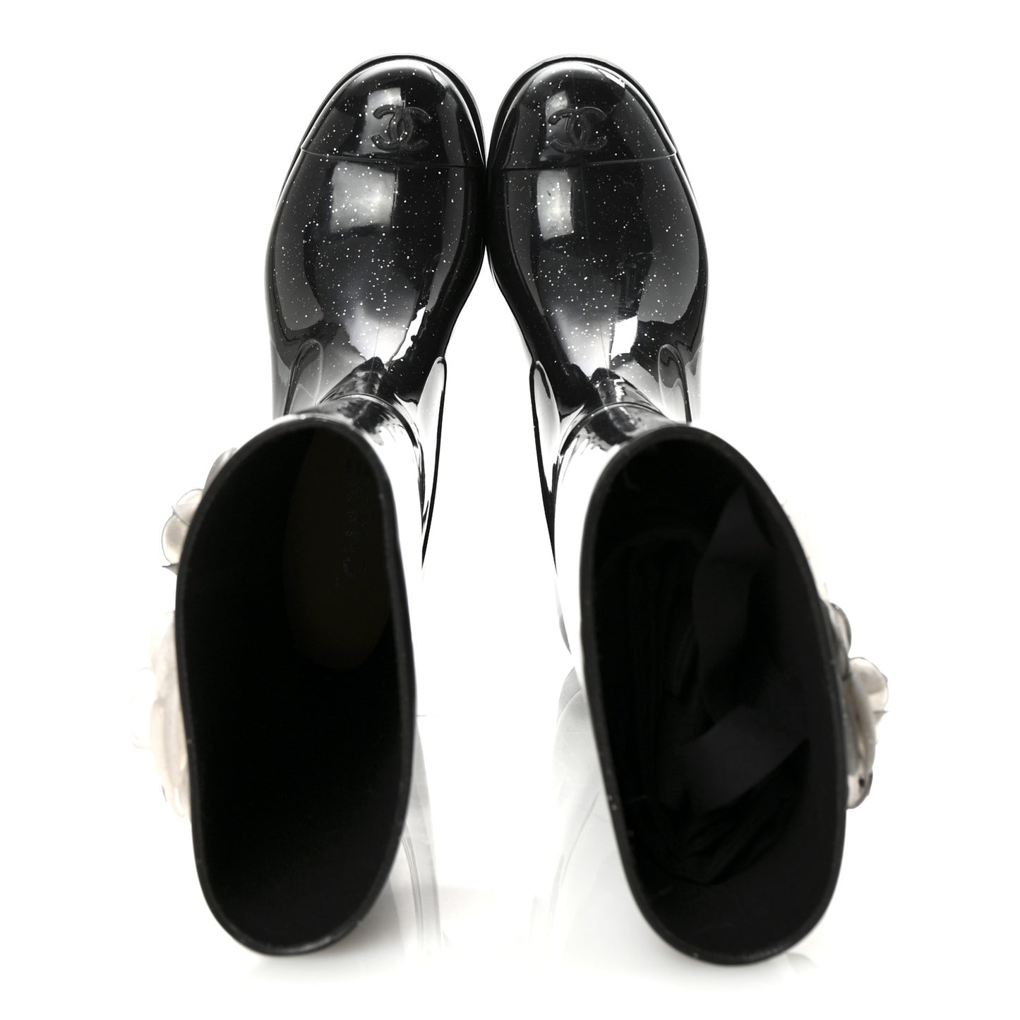 Rubber Glitter Camellia Rain Boots 37 Black