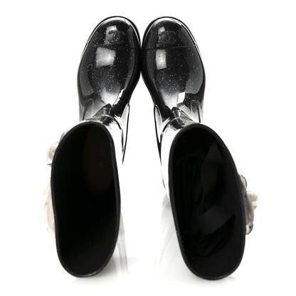 Chanel Rubber Glitter Camellia Rain Boots 37 Black 2 of 8