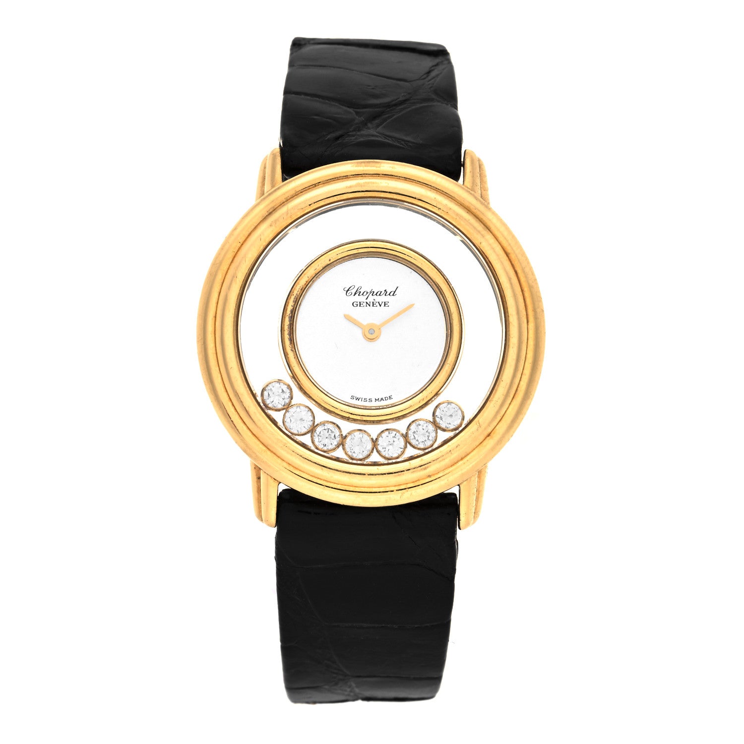 Chopard 18K Yellow Gold Alligator 7 Diamond 28mm Happy Diamonds Quartz Watch 1 of 5
