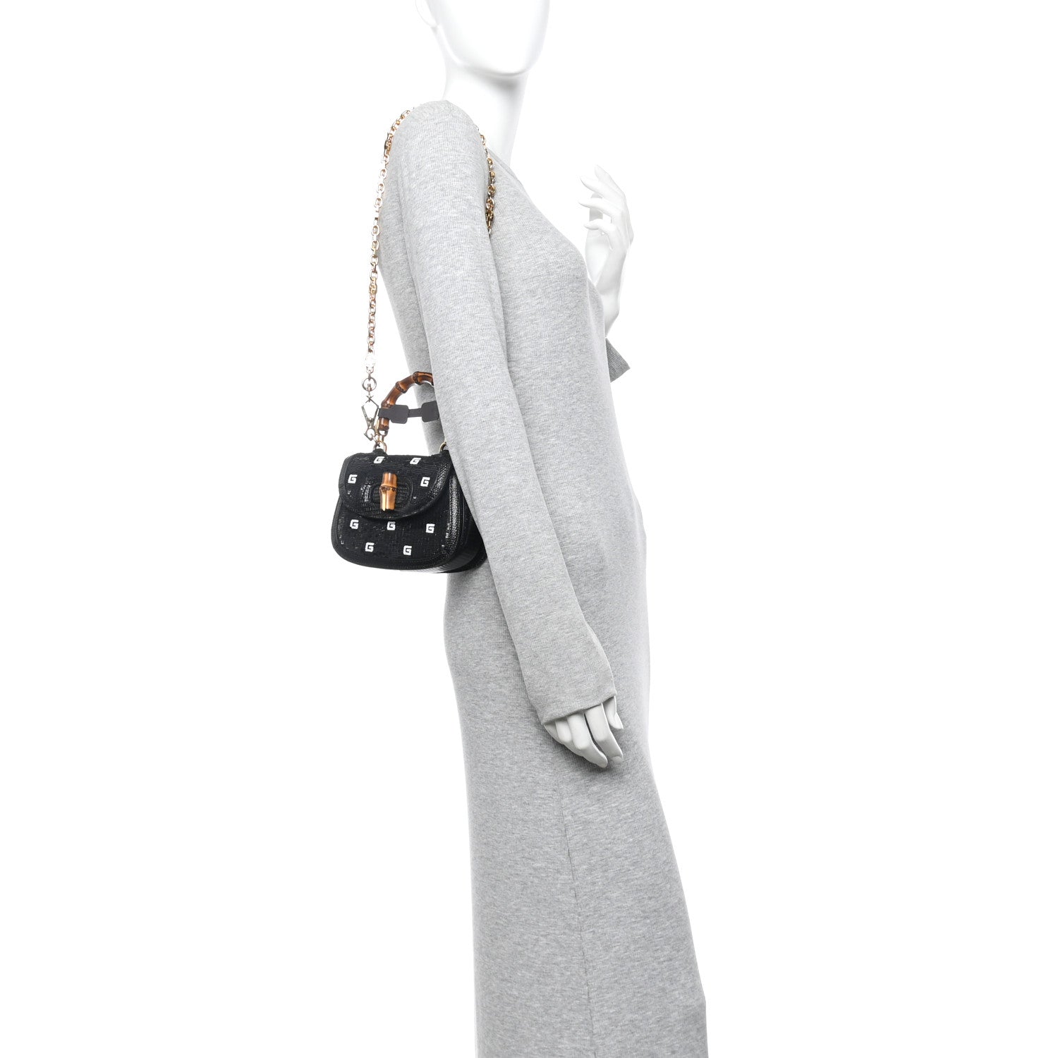 Gucci Sequin Lizard Embossed GG Mini Bamboo 1947 Top Handle Chain Bag Black White 2 of 10
