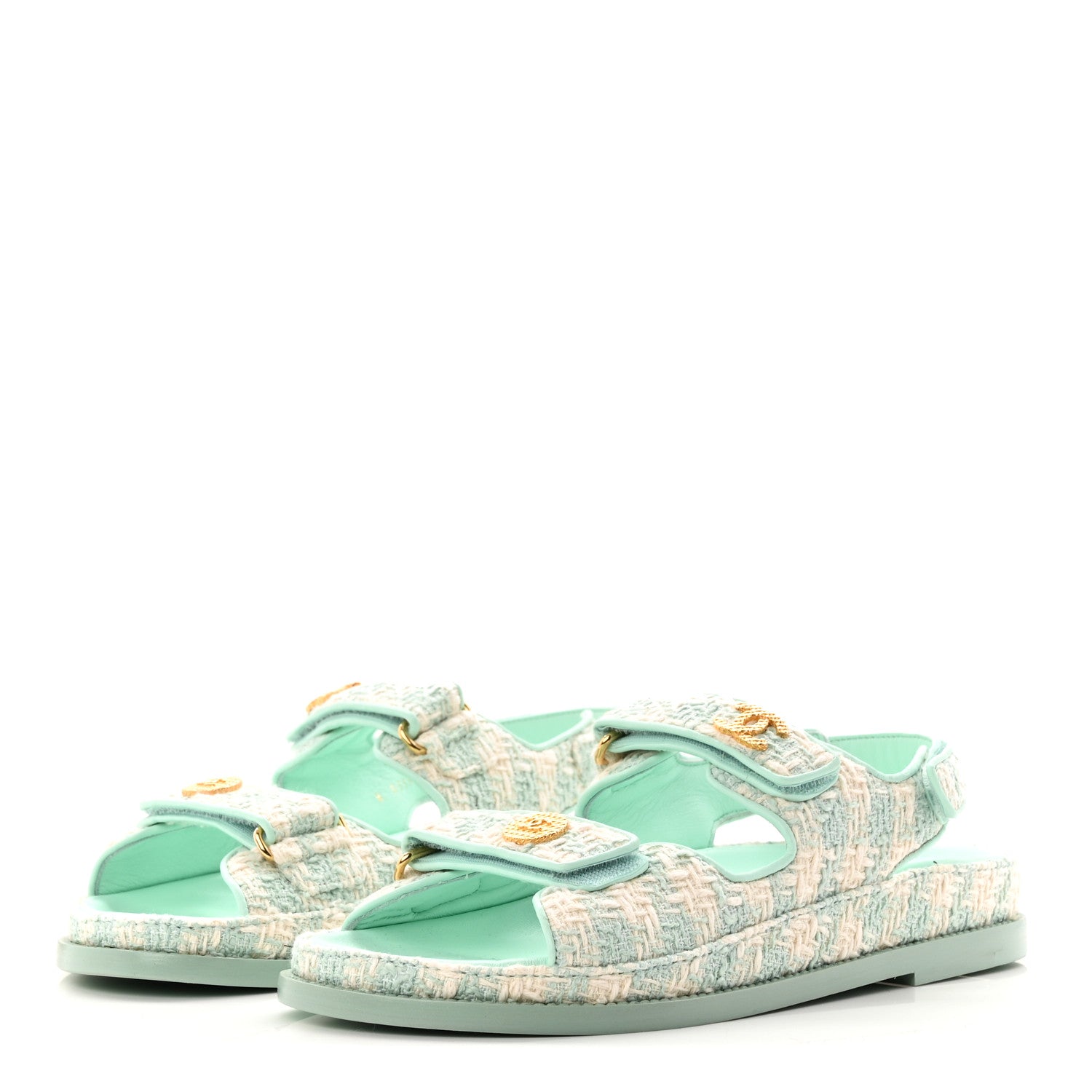 Chanel Wool Tweed Velcro Dad Sandals 37.5 Light Blue Ivory 4 of 9