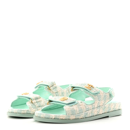 Chanel Wool Tweed Velcro Dad Sandals 37.5 Light Blue Ivory 4 of 9
