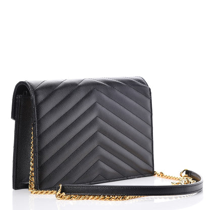 Saint Laurent Grain De Poudre Matelasse Chevron Monogram Envelope Chain Wallet Black 3 of 8