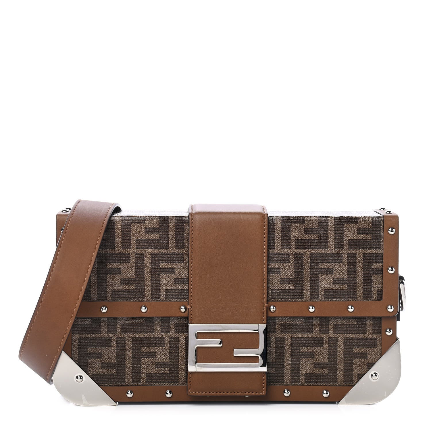 Fendi Shiny Glazed Fabric Vachetta FF 1974 Medium Baguette Trunk Mogano Panna Cuoio 1 of 10