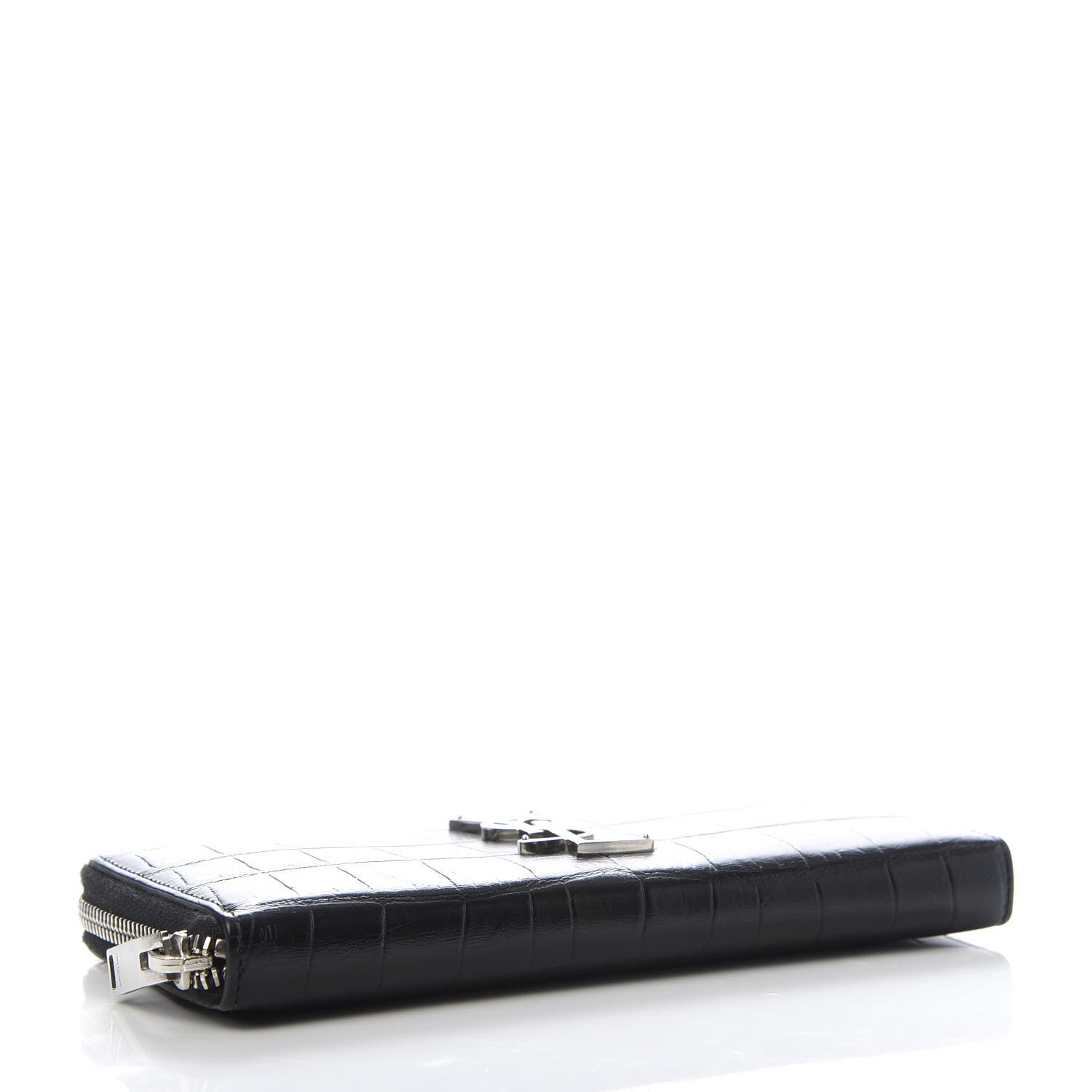 Saint Laurent Calfskin Crocodile Embossed Monogram Zip Around Wallet Black 4 of 9