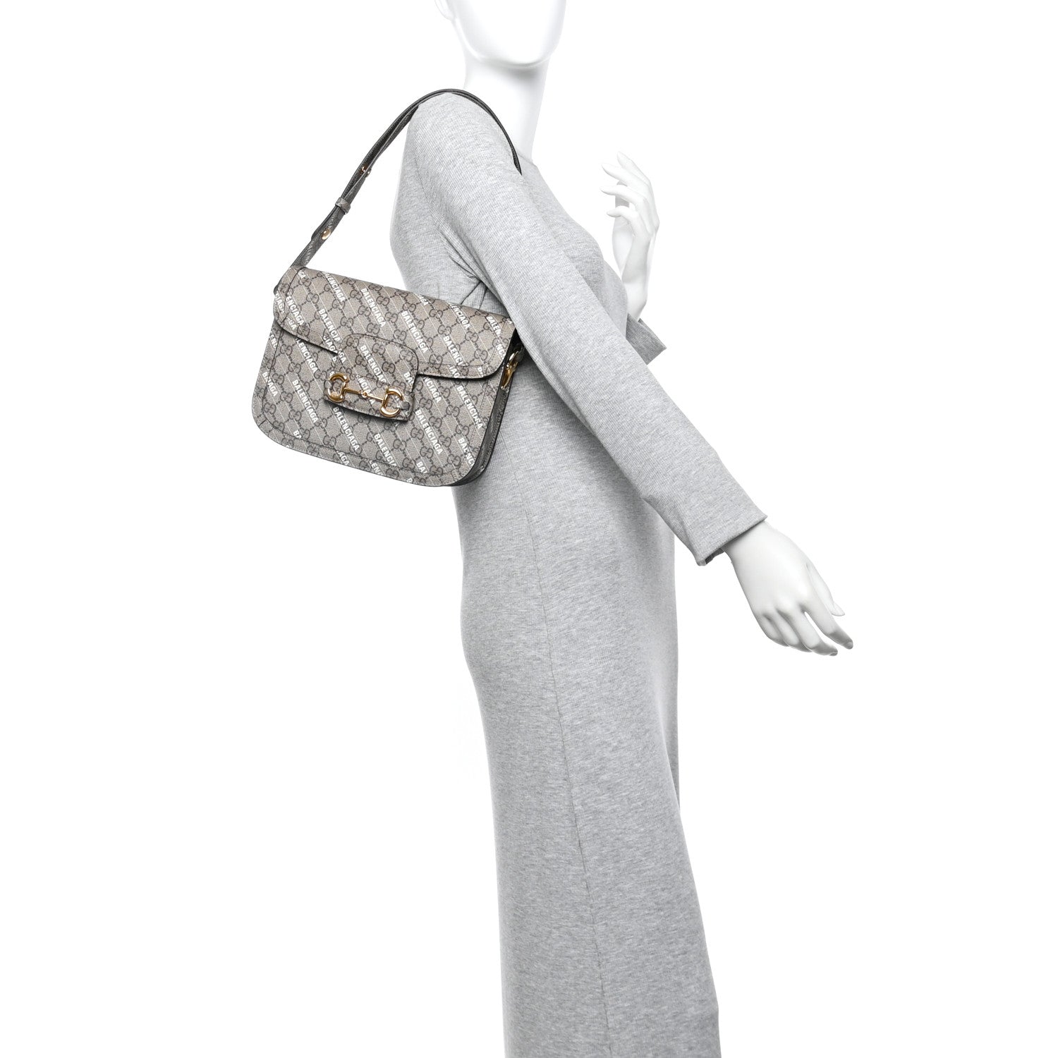 Gucci X BALENCIAGA GG Supreme Monogram Logo Print Horsebit 1955 Shoulder Bag Beige Ebony 2 of 10