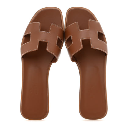 Hermes Box Calfskin Oran Sandals 38.5 Gold 2 of 10