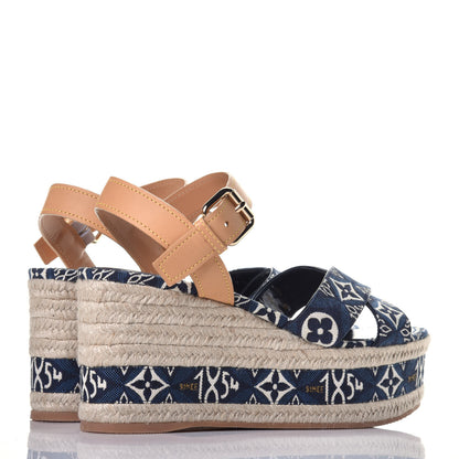 Louis Vuitton Jacquard Calfskin Since 1854 Boundary Wedge Sandals 37.5 Blue 4 of 9