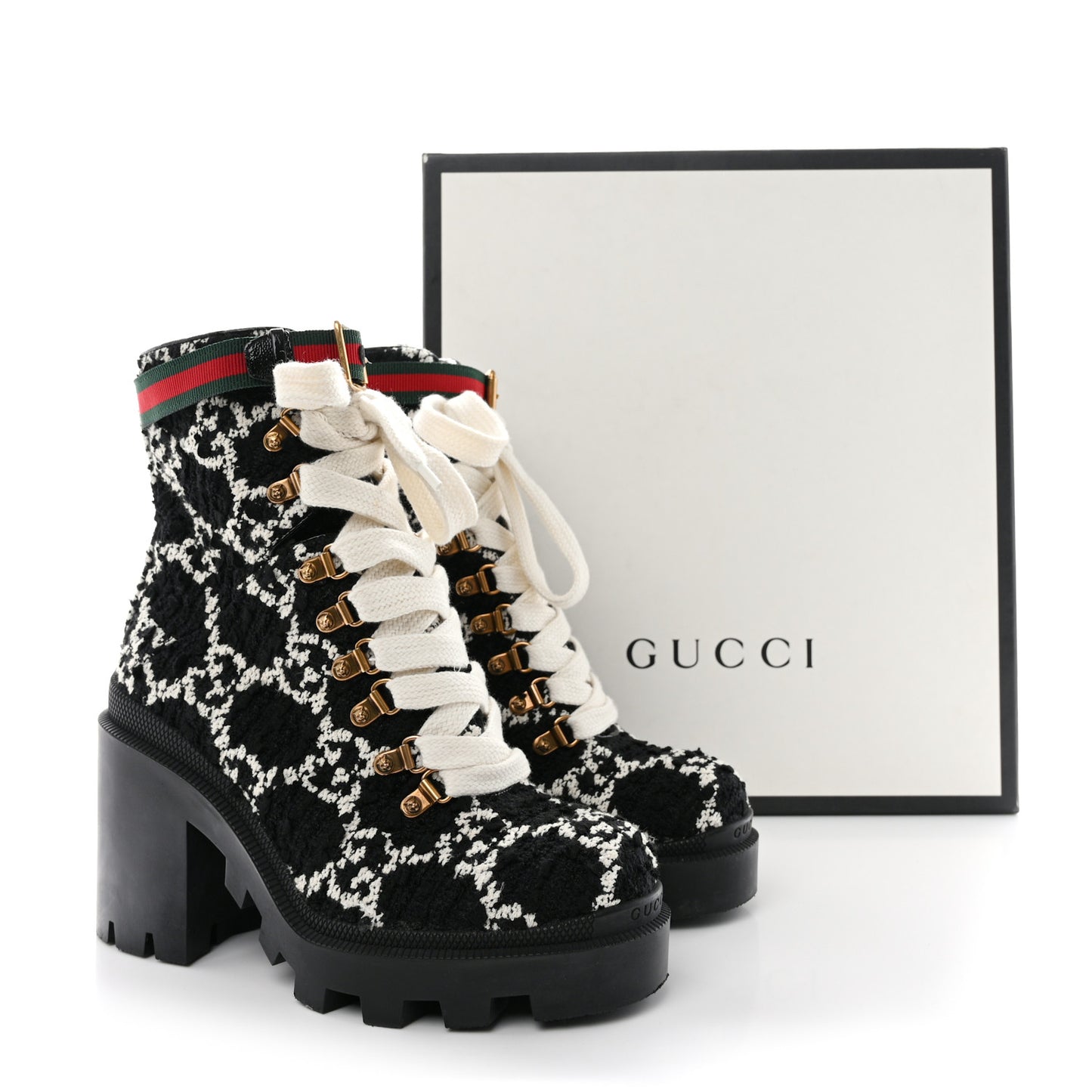 Tweed GG Monogram Lace Up Combat Ankle Boots 37.5 37.5 Black