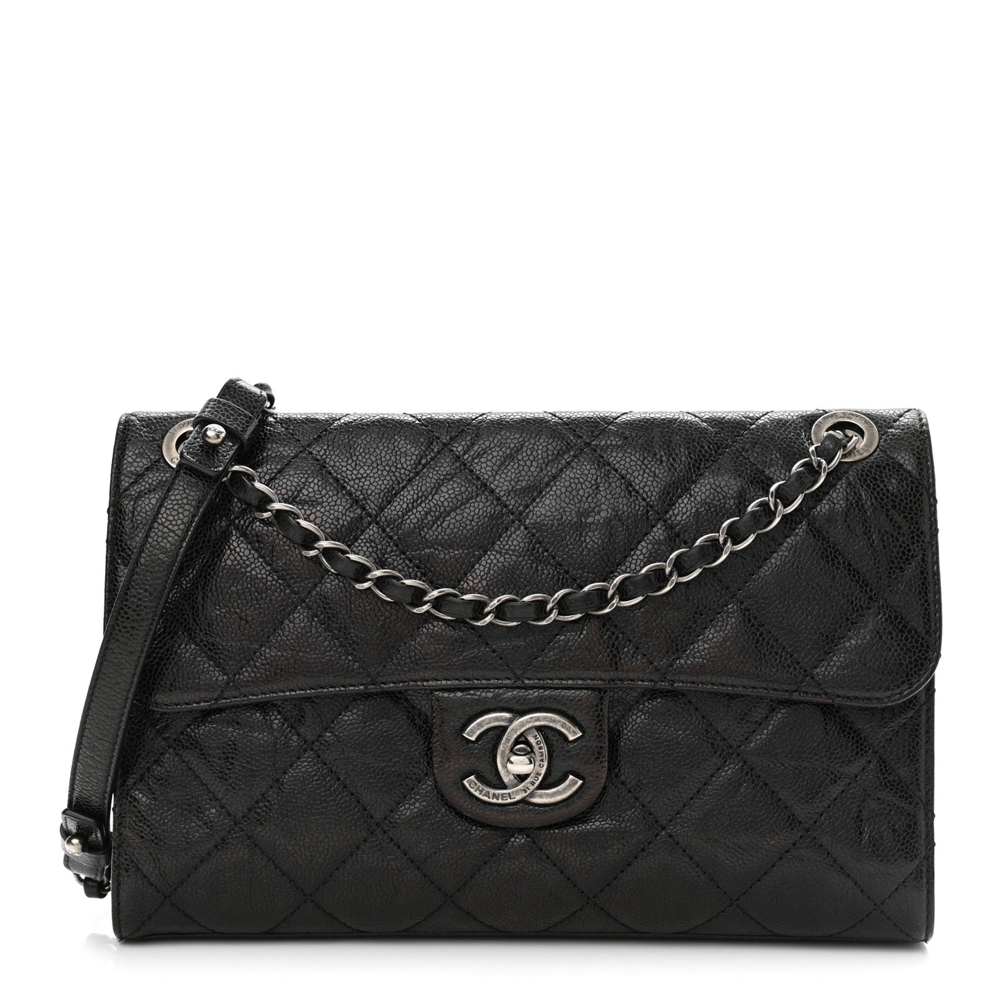 Crumpled Grained Calfskin Medium CC Crave Flap Black