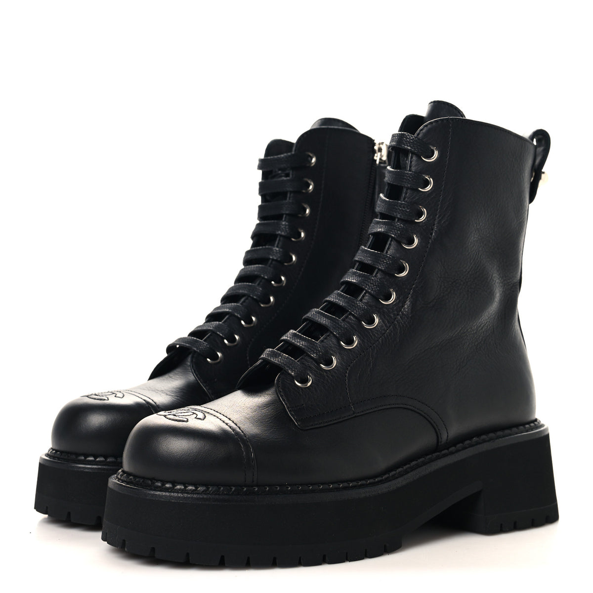 Chanel Calfskin Cap Toe Lace Up Combat Boots 38 Black 4 of 10