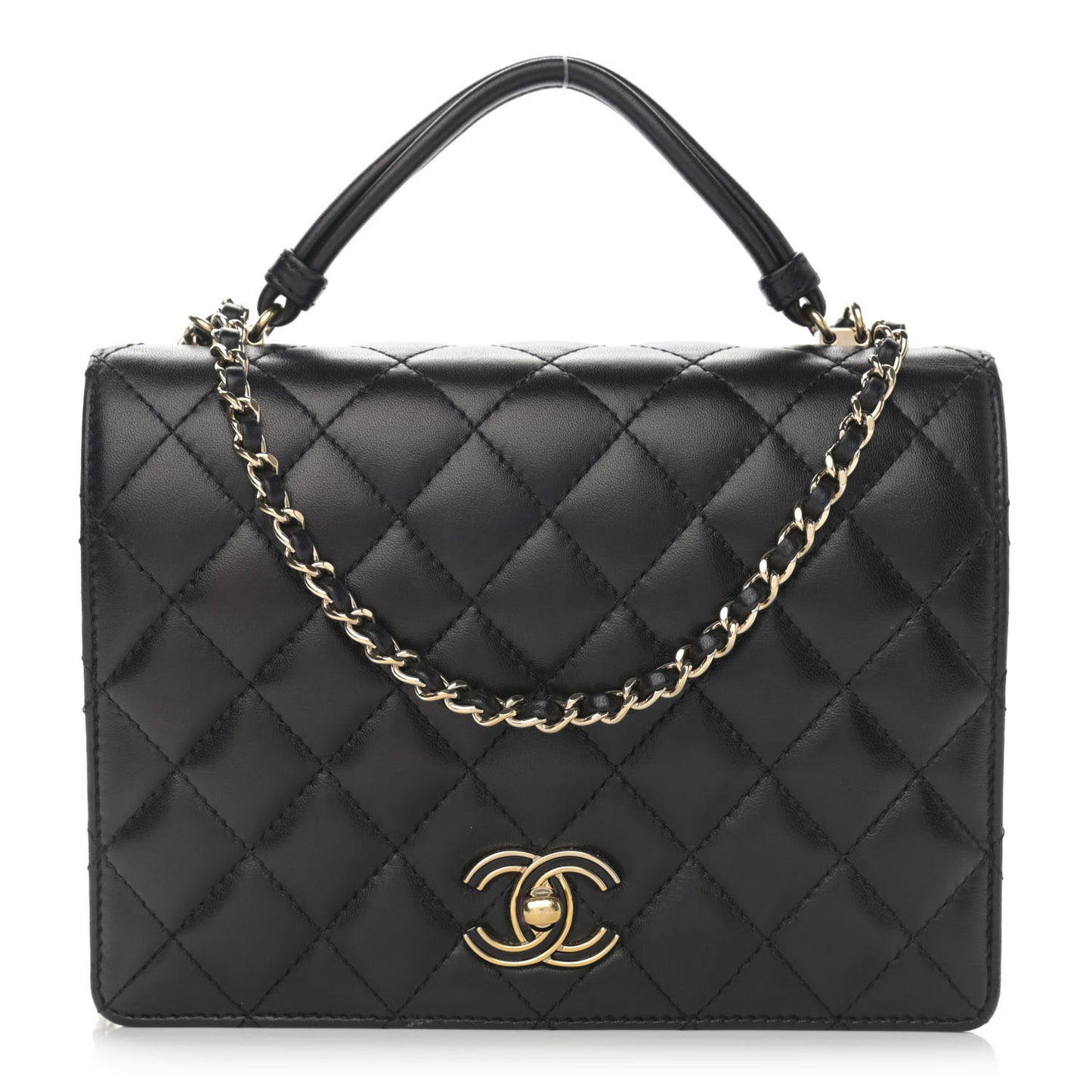 Lambskin Quilted Small Handle Tied Top Handle Flap Black