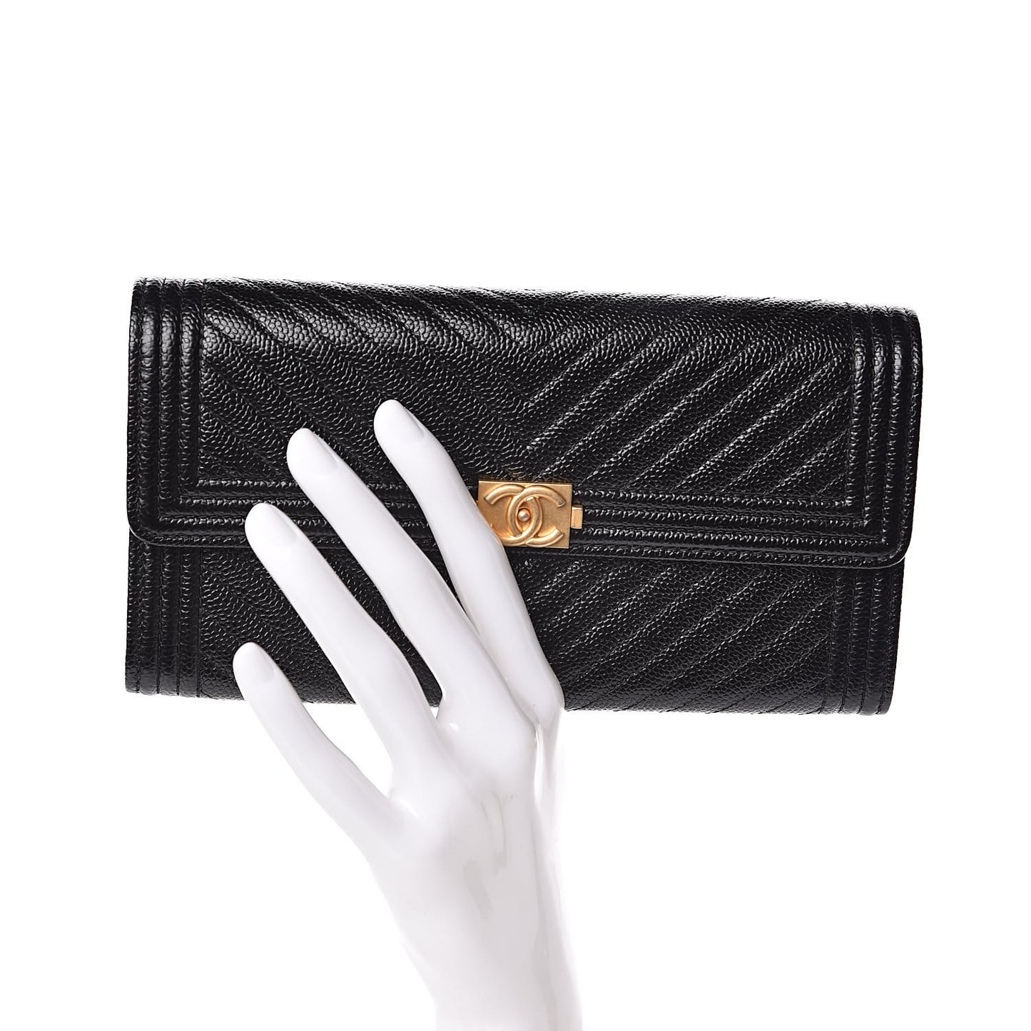 Caviar Chevron Quilted Boy Flap Wallet Black