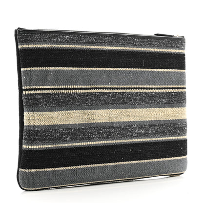 Chanel Striped Canvas Medium Deauville Cosmetic Pouch Grey Black 3 of 8