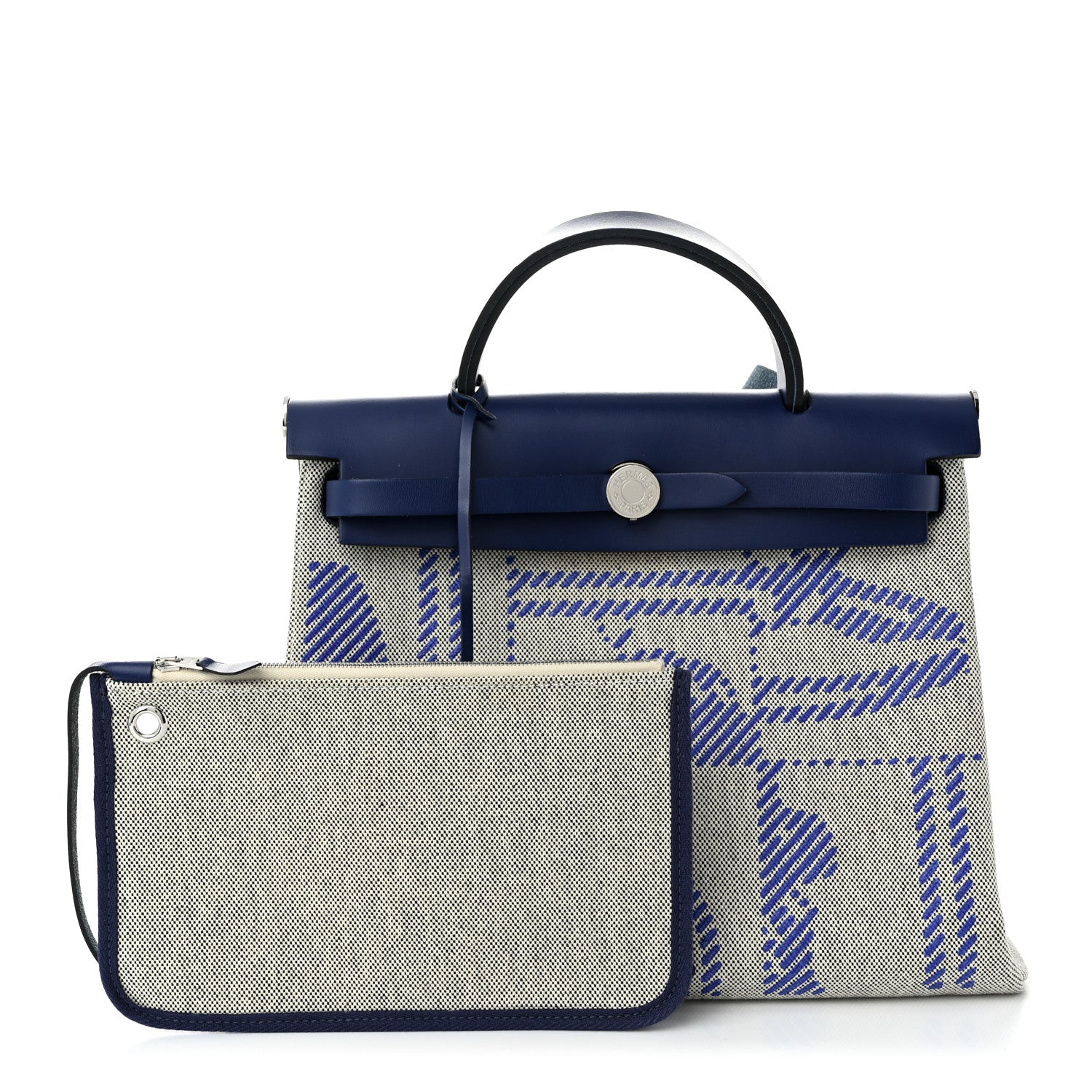 Hermes Vache Hunter Toile H Brides de Gala Herbag Zip Retourne 31 PM Bleu De France Ecru Black 3 of 11
