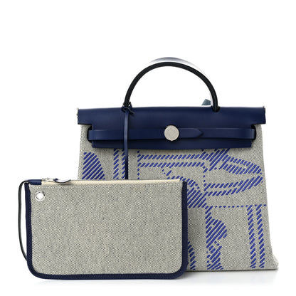 Hermes Vache Hunter Toile H Brides de Gala Herbag Zip Retourne 31 PM Bleu De France Ecru Black 3 of 11