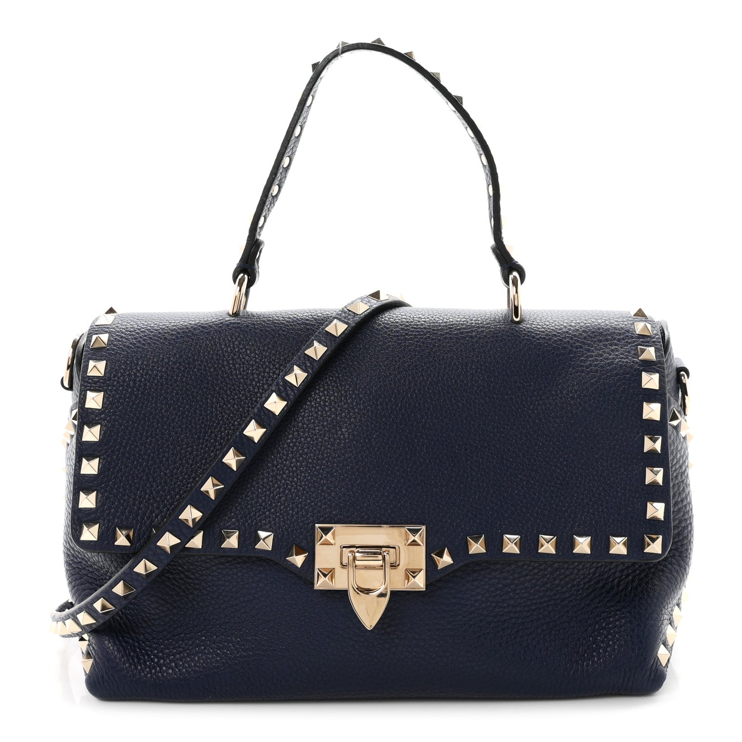 Pebbled Calfskin Rockstud Flip Lock Top Handle Bag Blue