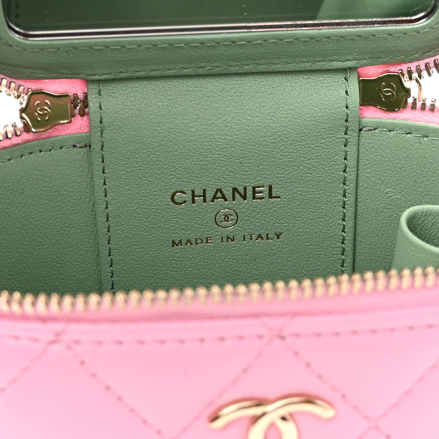 Lambskin Quilted Top Handle Mini Vanity Case With Chain Pink Green