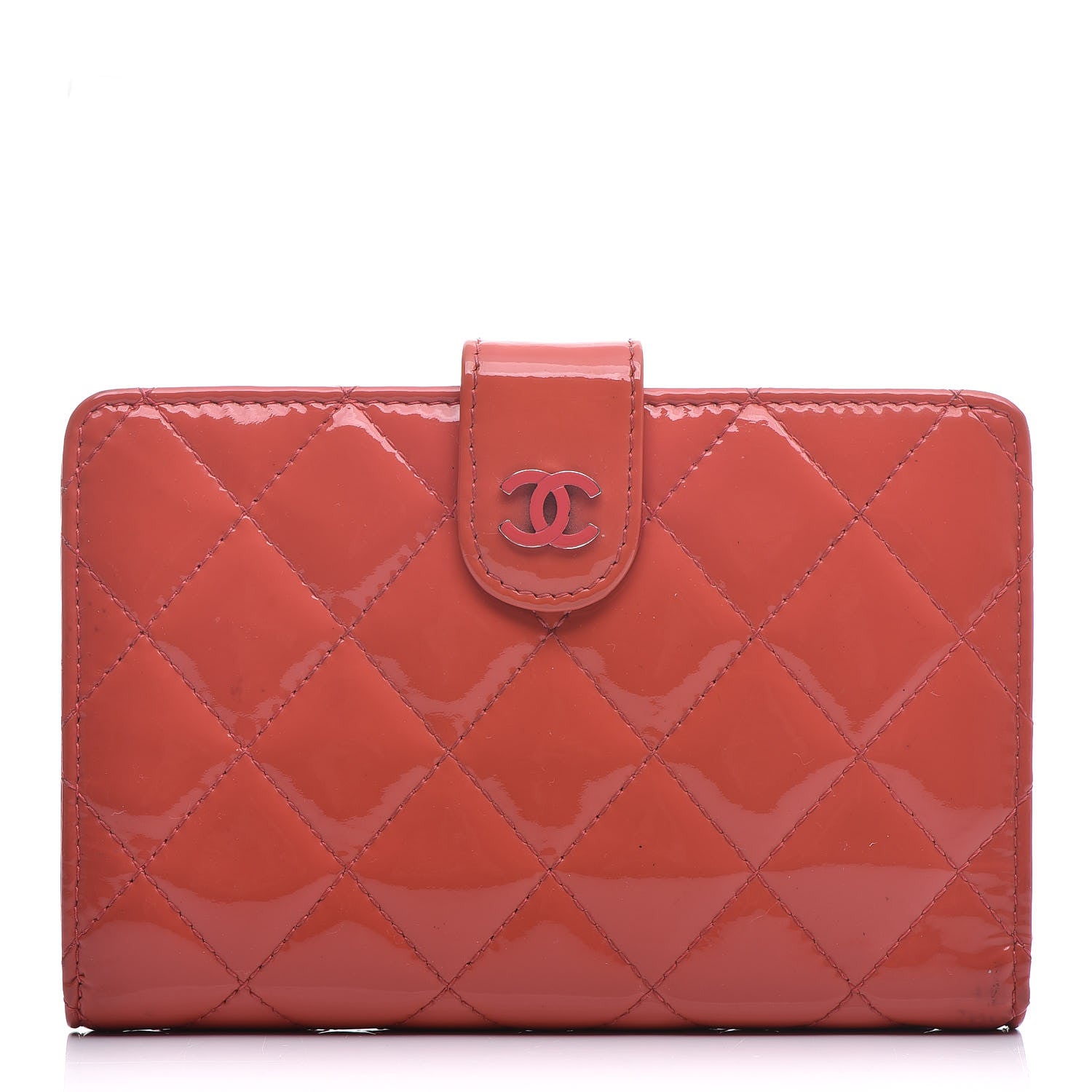 Chanel Patent Quilted Zip Pocket Wallet Coral 1 of 21