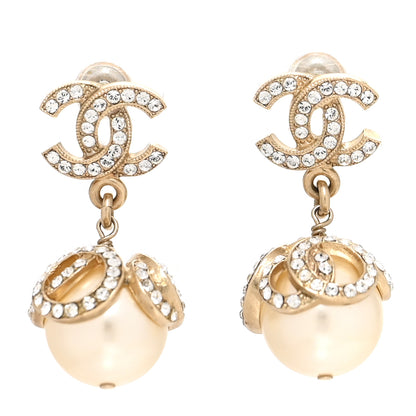 Chanel Crystal Pearl CC Drop Earrings Gold 1 of 3