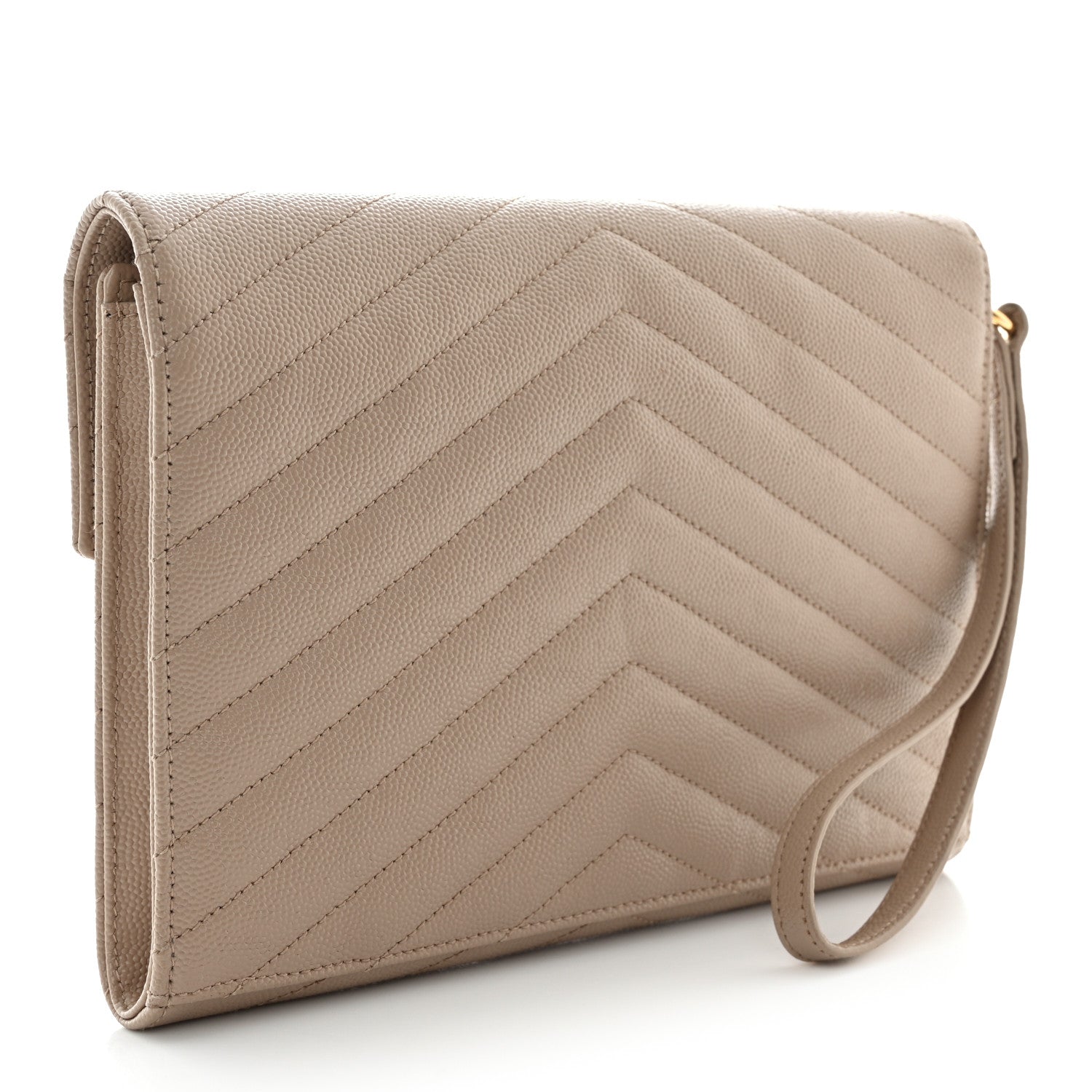 Saint Laurent Grain De Poudre Matelasse Chevron Monogram Envelope Clutch Dark Beige 3 of 12