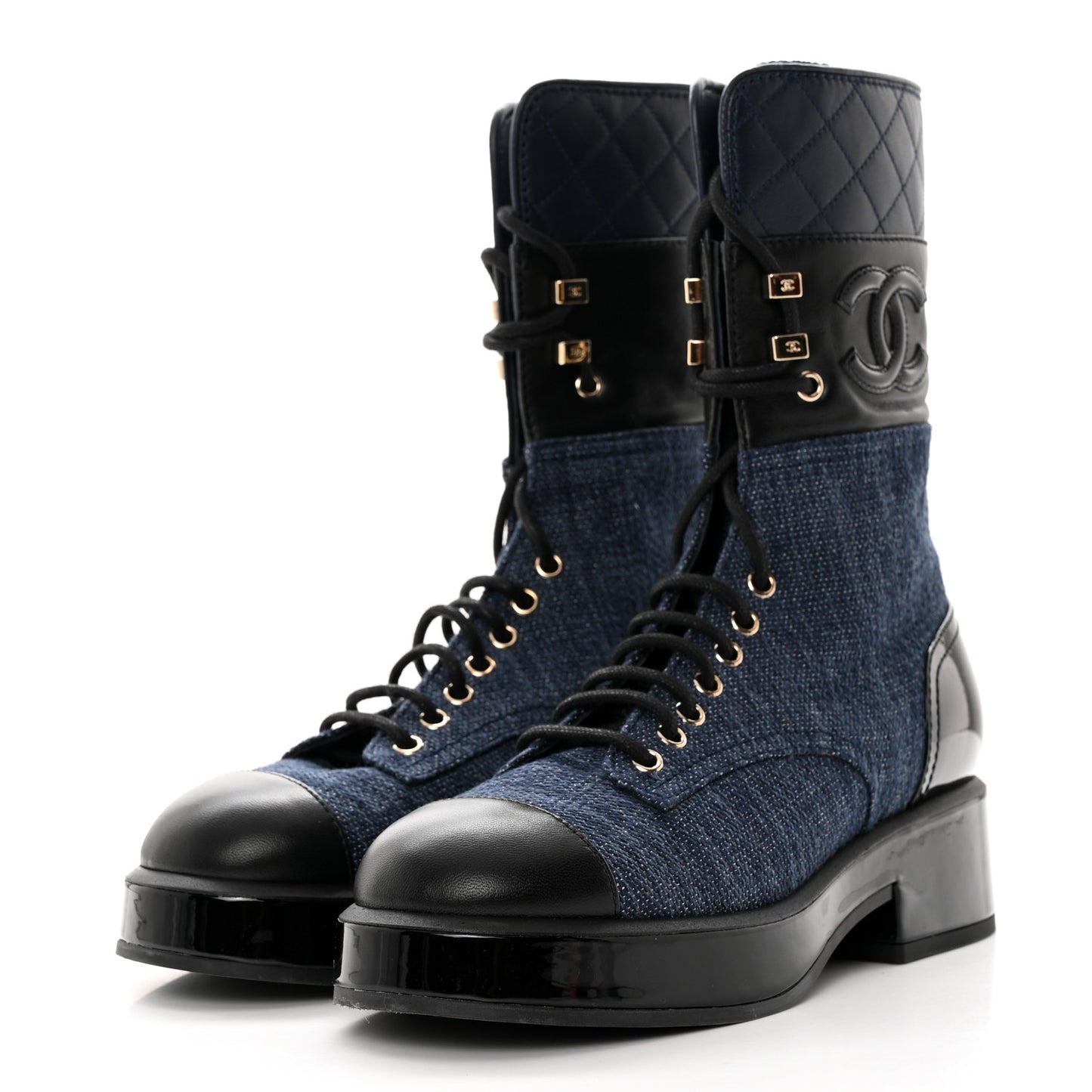Denim Patent Lambskin Quilted CC Lace Up Combat Boots 36 Blue Black