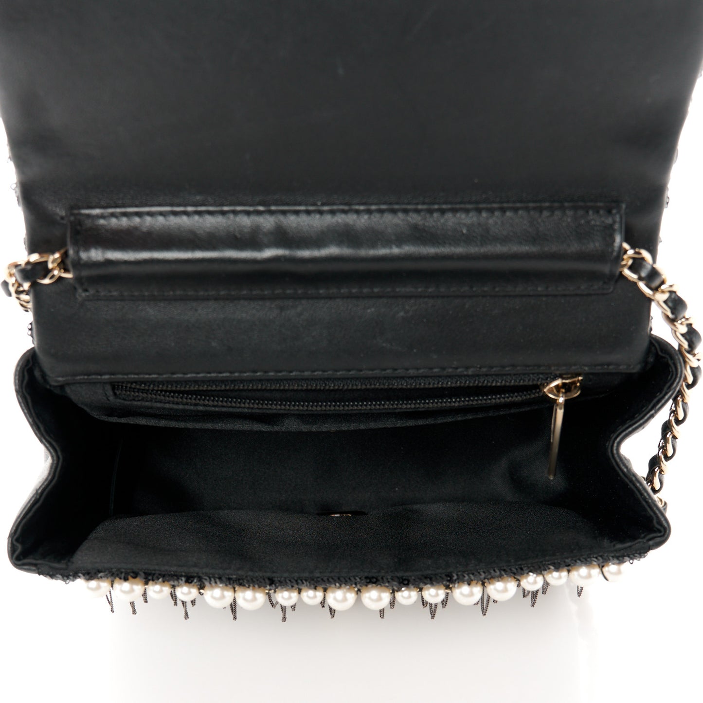 Lambskin Sequin Pearl Chain Fringe Mini Flap Black