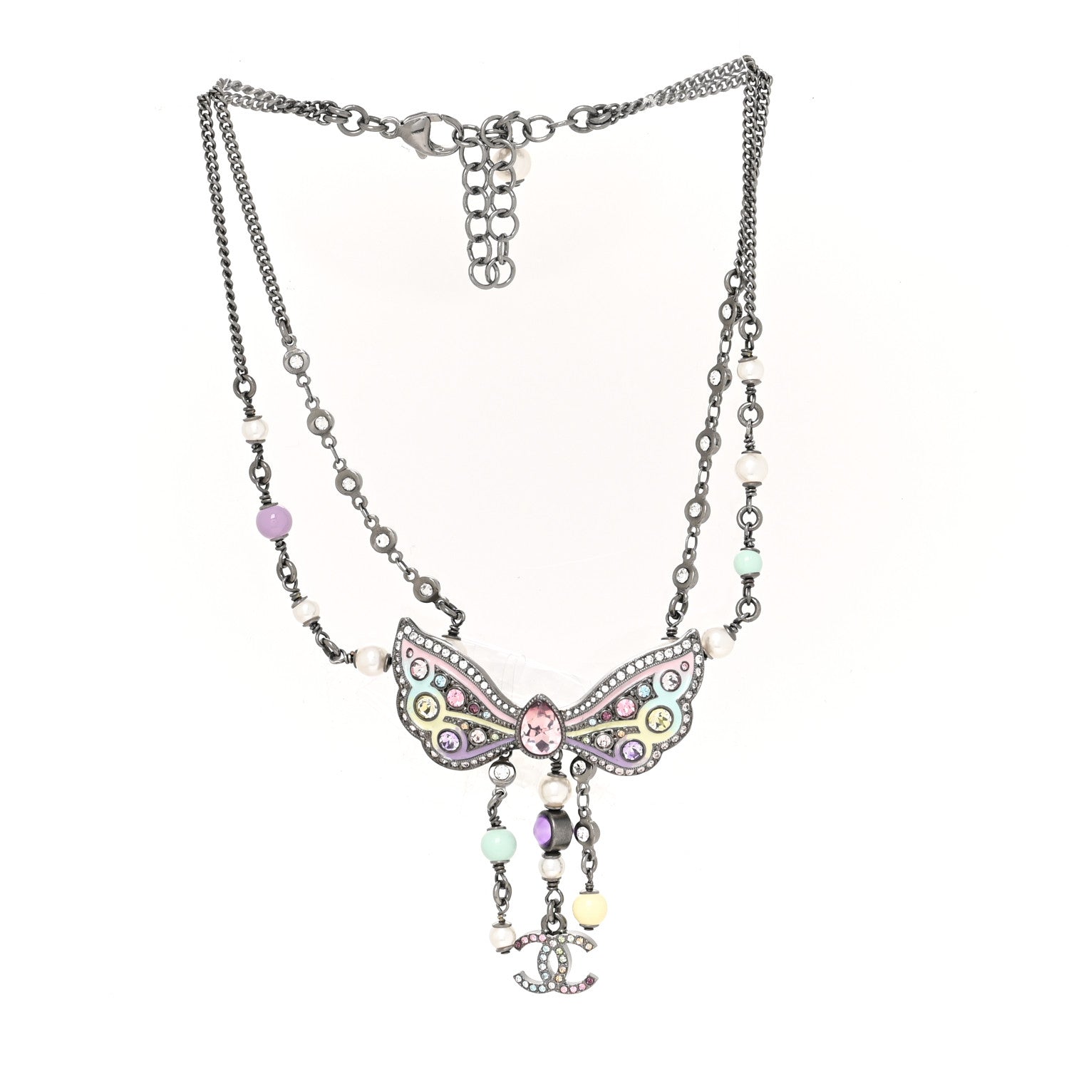 Chanel Crystal Pearl Enamel CC Butterfly Choker Necklace Silver Multicolor 3 of 5