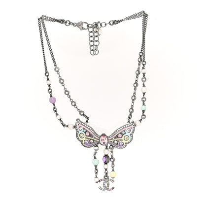 Chanel Crystal Pearl Enamel CC Butterfly Choker Necklace Silver Multicolor 3 of 5
