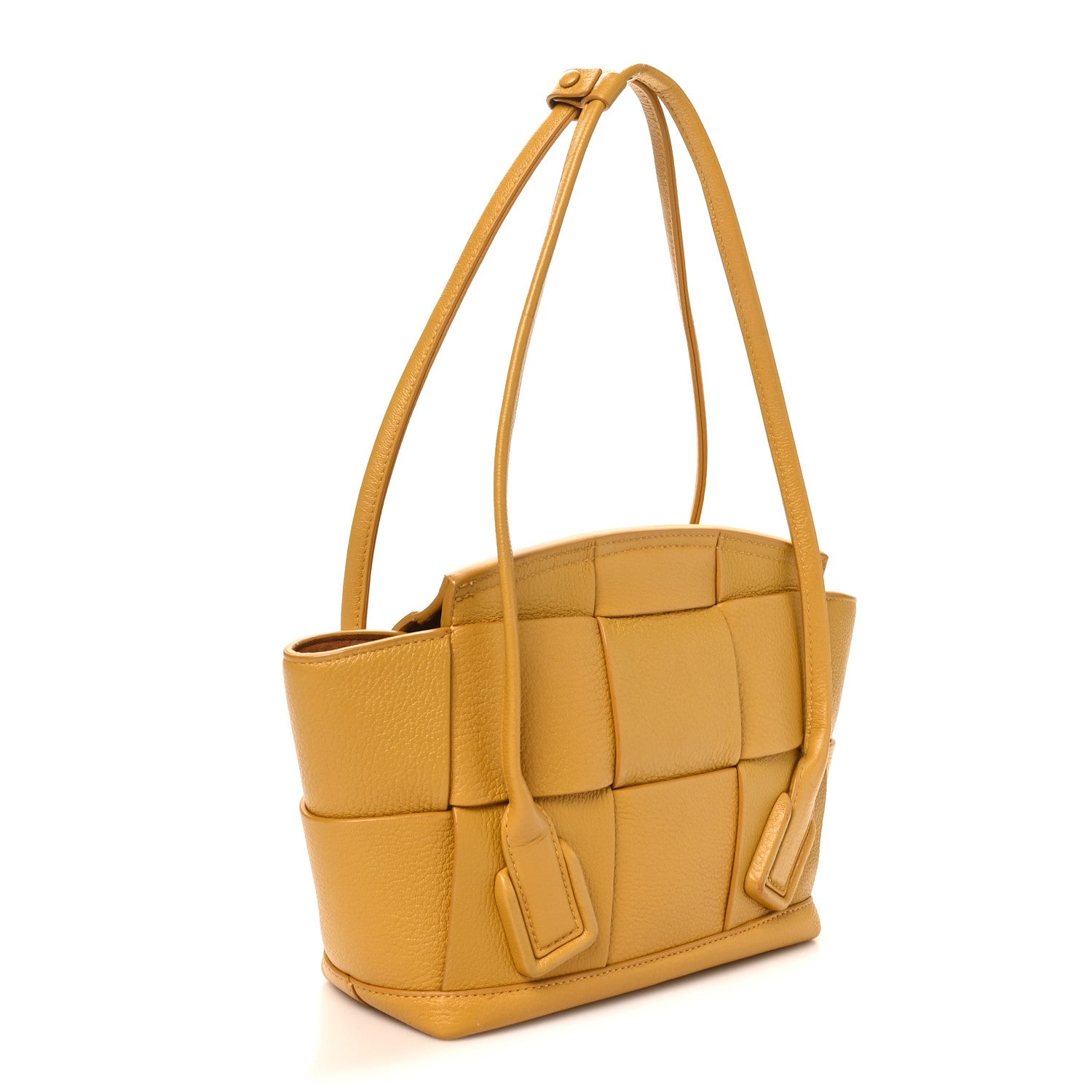 BOTTEGAイエロー 編み込みデザイン バッグ フリンジ付き Bottega Veneta Grained Calfskin Maxi Intrecciato Medium Arco