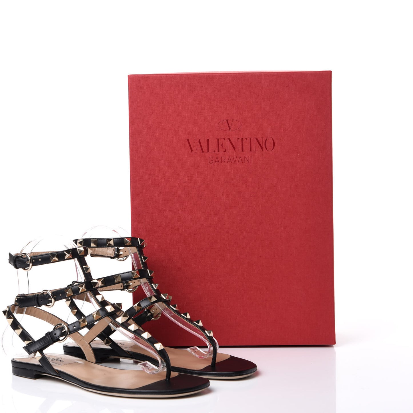 Calfskin Rockstud Ankle Wrap Flat Thong Sandals 36 Black