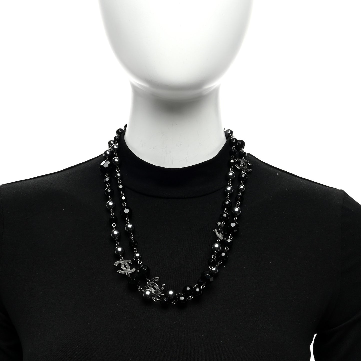 Ruthenium Pearl Beaded CC Long Necklace Black