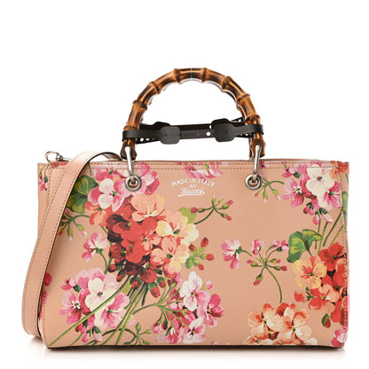 Gucci Shangai Calfskin Blooms Print Medium Bamboo Shopper Tote Pink Apricot Multicolor 1 of 15